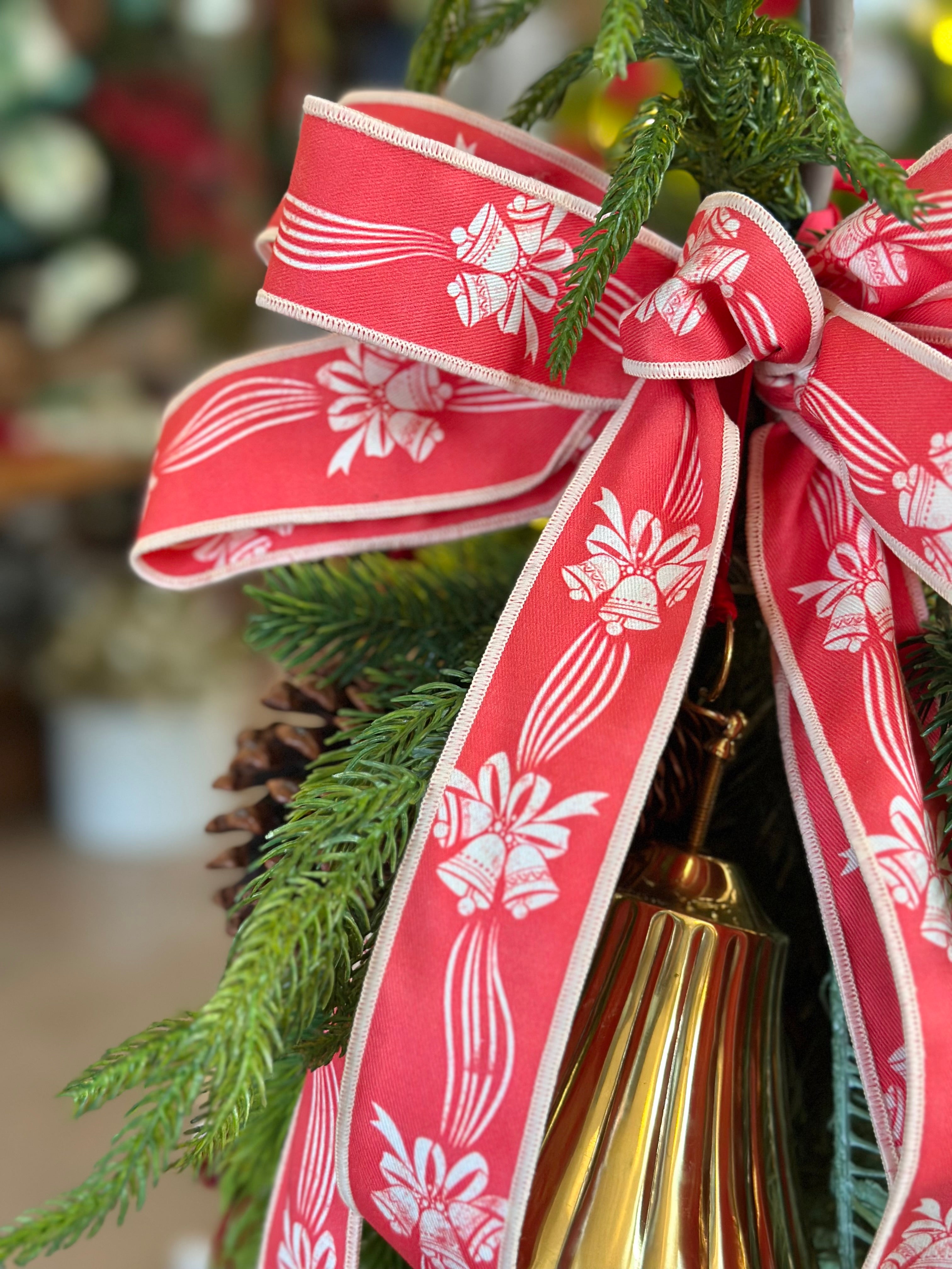 Vintage Red Bell and Bows Ribbon Swag