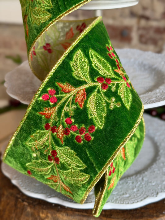 4” Green Velvet and Holly Ribbon