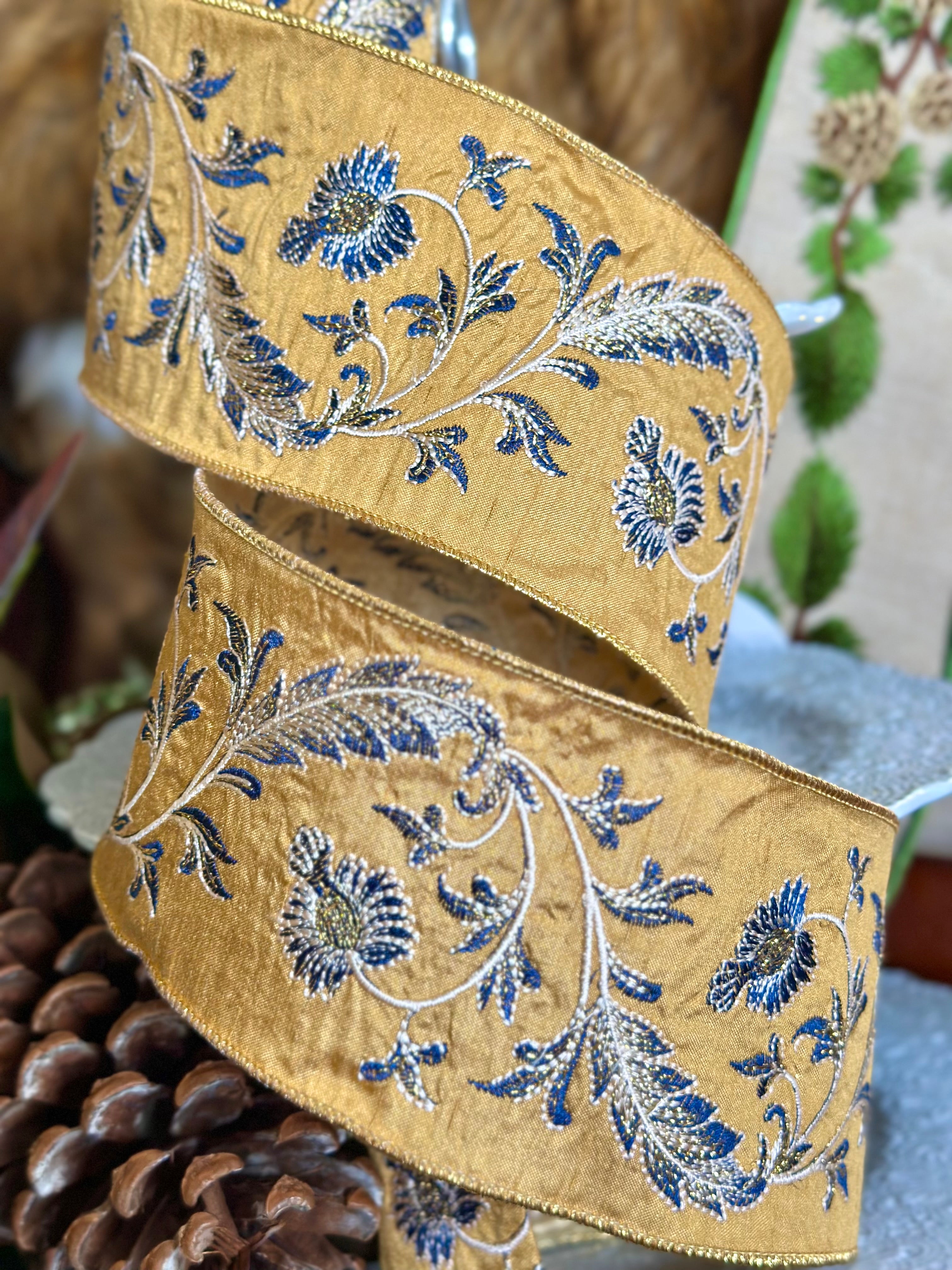 4" Dupion Embroidery Navy Blue White Floral, Gold