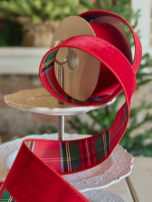 2.5" VELVET W/PLAID BACKING RIBBON -SOLD BY THE YARD