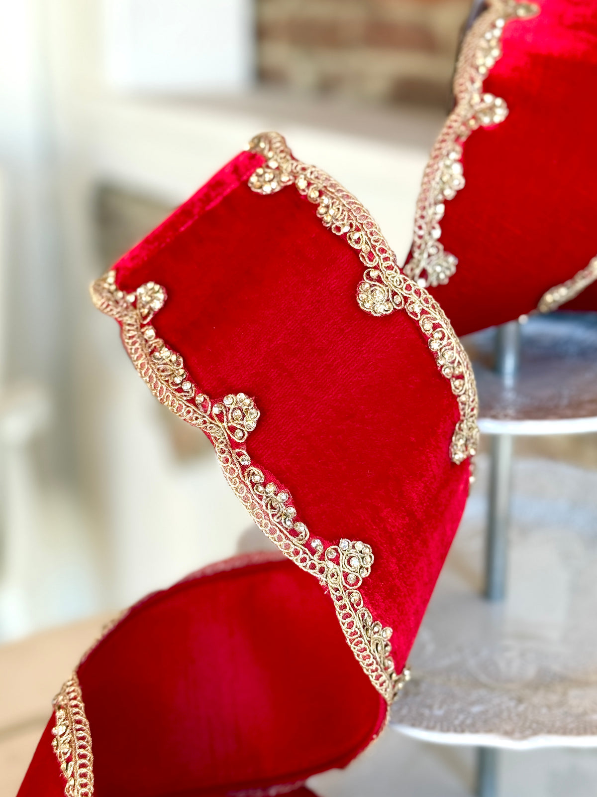 4” Red Scalloped Velvet Ribbon -SOLD BY THE YARD