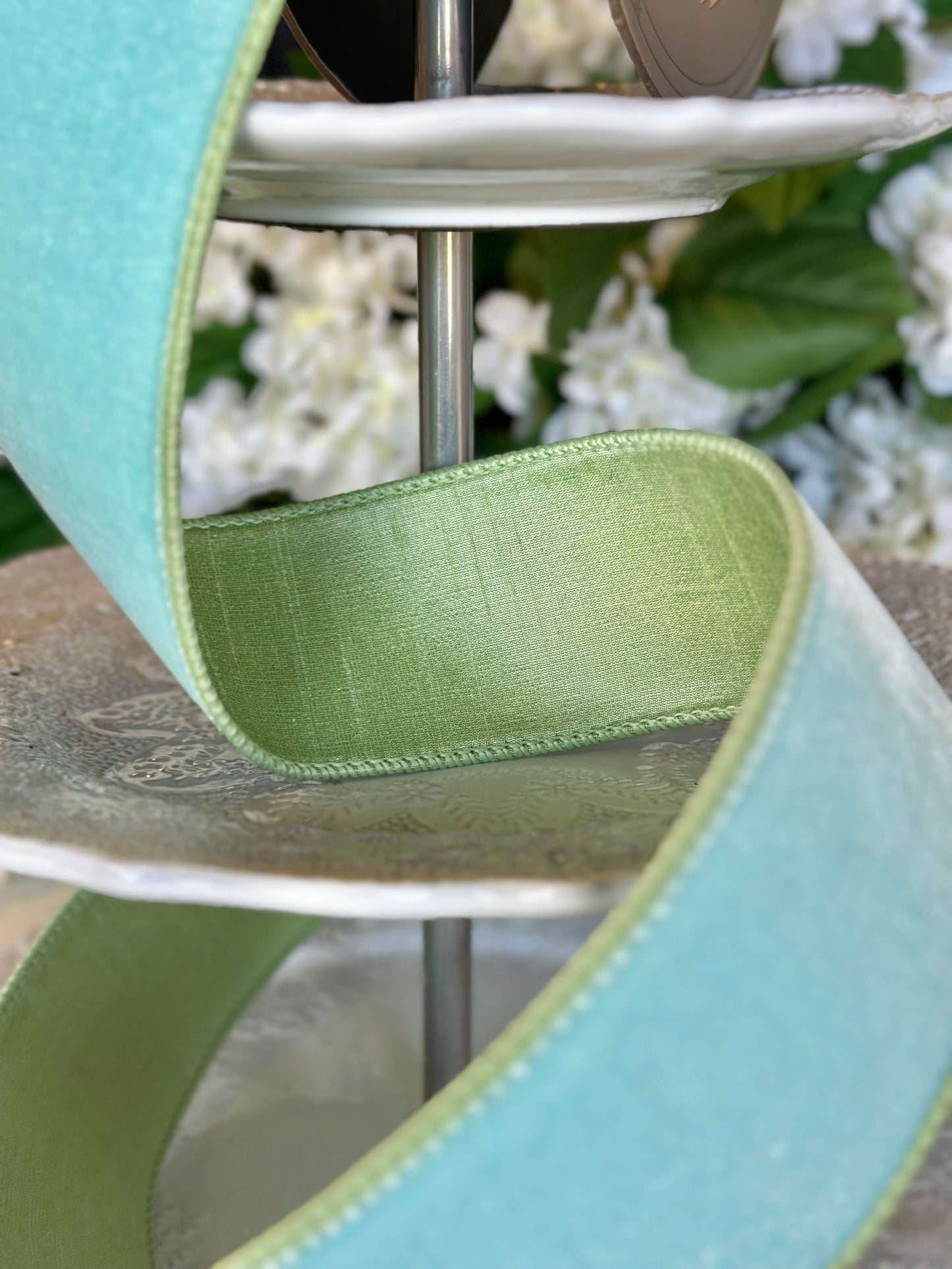 2.5" velvet mint dupion backing, ocean blue
