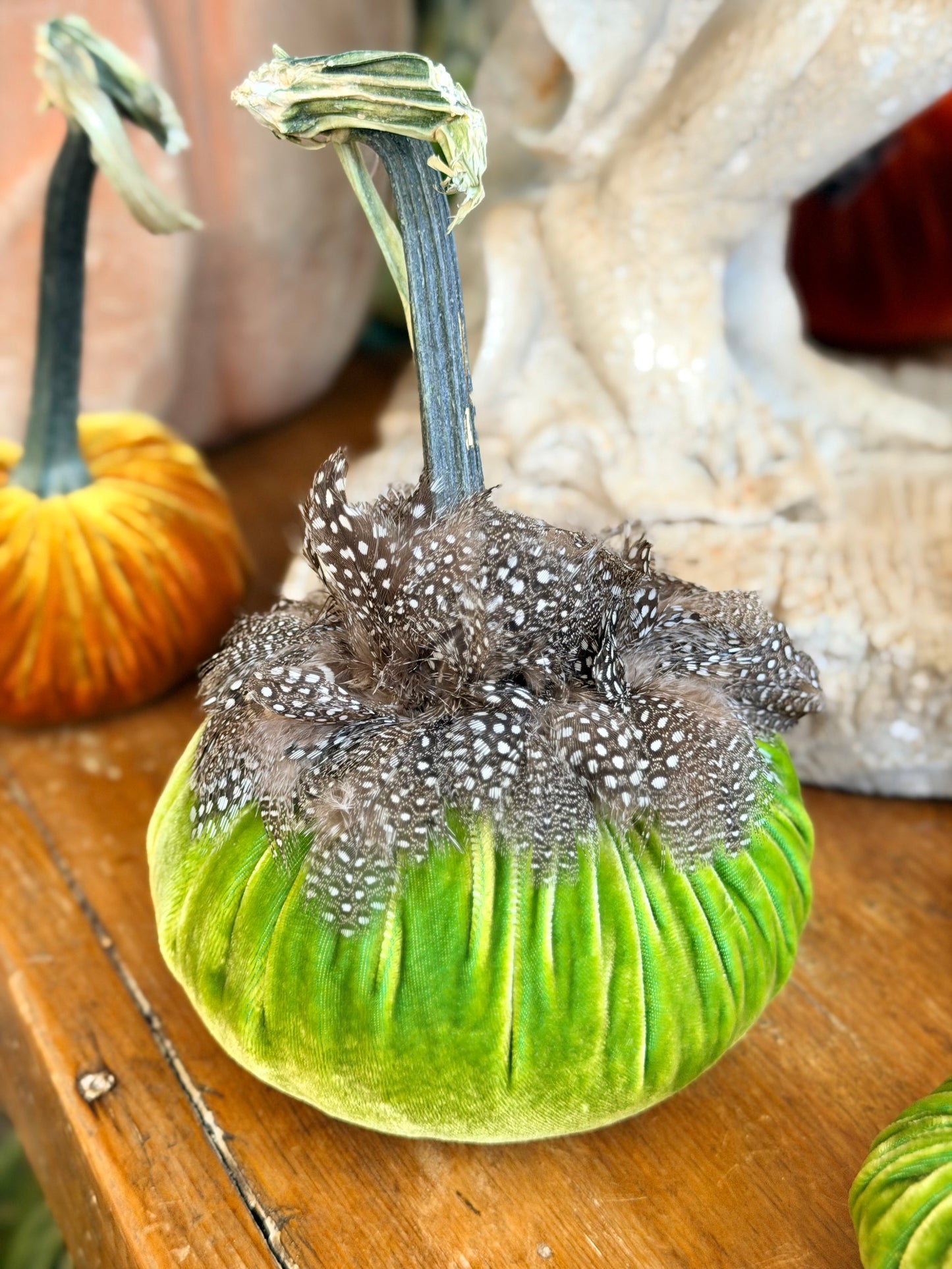 5" Chartreuse Velvet Pumpkin with Guinea Feather Collar