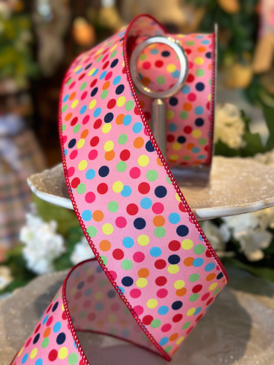2.5" wide, Pink Playful Dot Ribbon with Red Edge