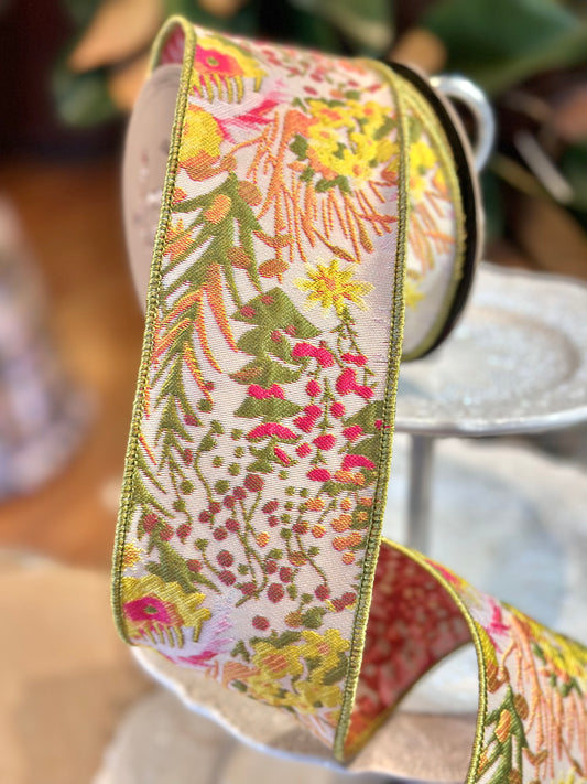 3" Wide, jacquard mix floral, green yellow pink