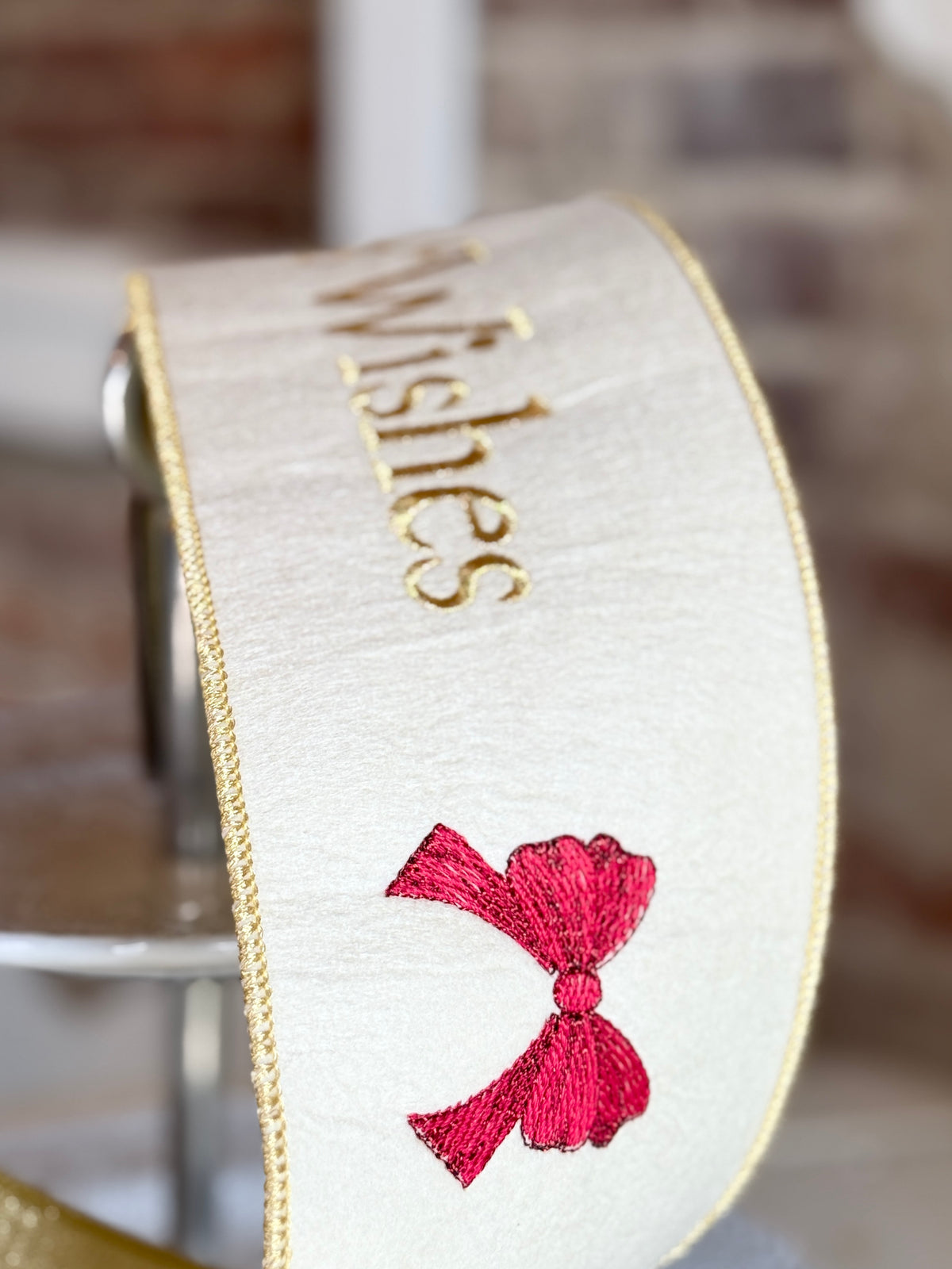 4” Felt Embroidery “Christmas Wishes,” Gold Winter White -SOLD BY THE YARD