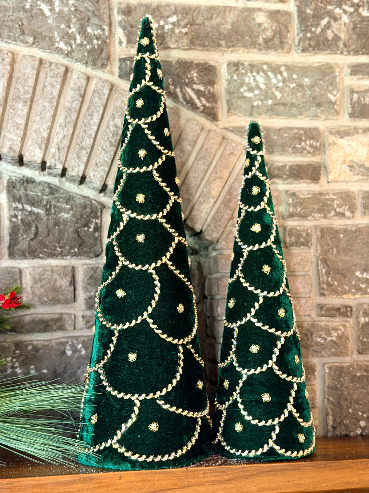 JEWELED SCALLOPED VELVET CONE TREE- GREEN