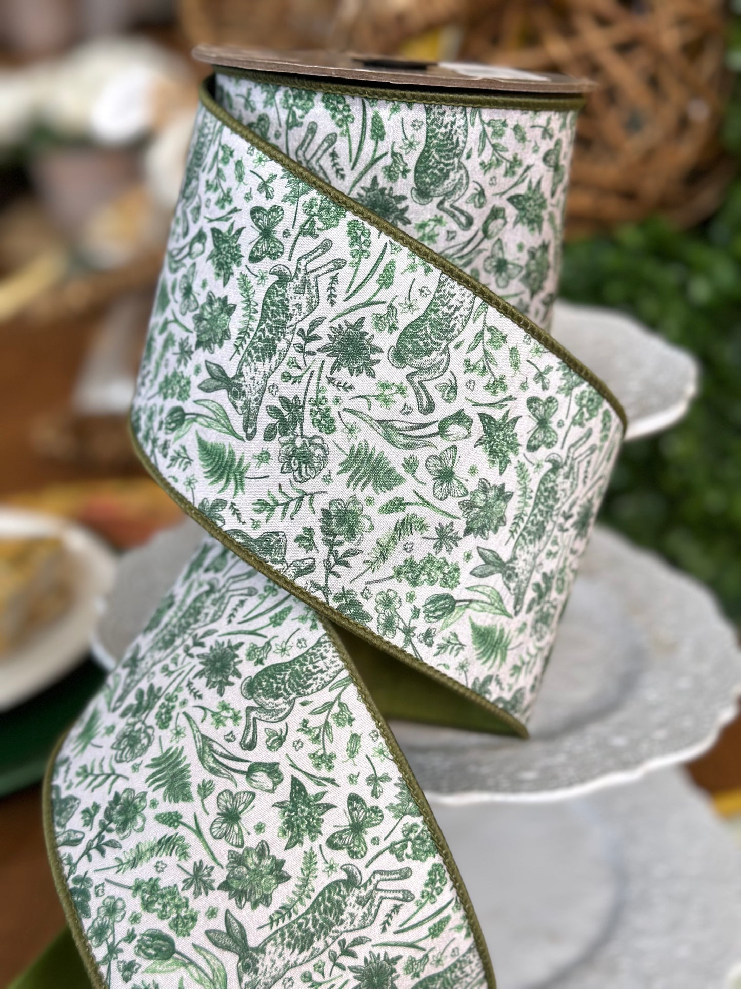 4" Wide, dupion forest green floral pattern with rabbit, white