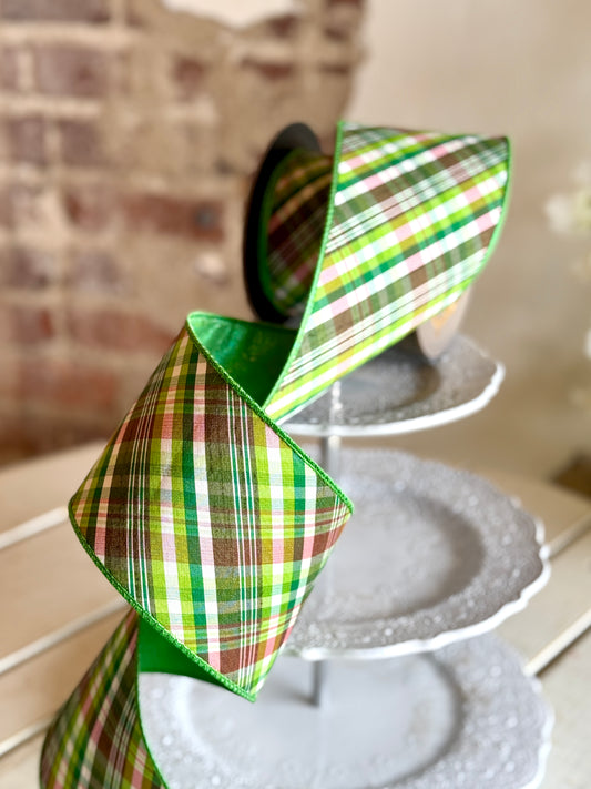4" Dupion Bias Cut Plaid, Shades of Green.