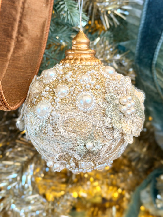 4" EMBELLISHED PEARL GLITTER BALL ORNAMENT