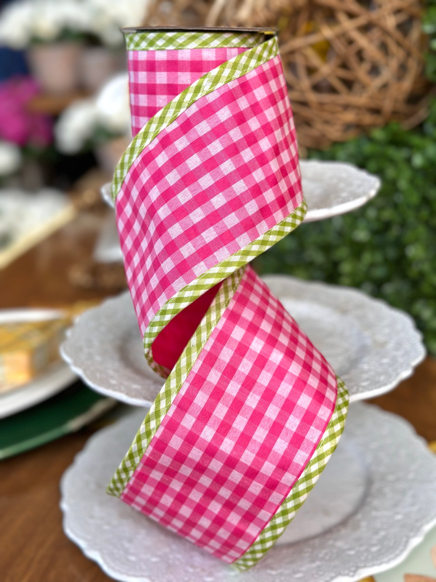 4" x 5yds Spring Gingham w/ Border Ribbon- Pink Green