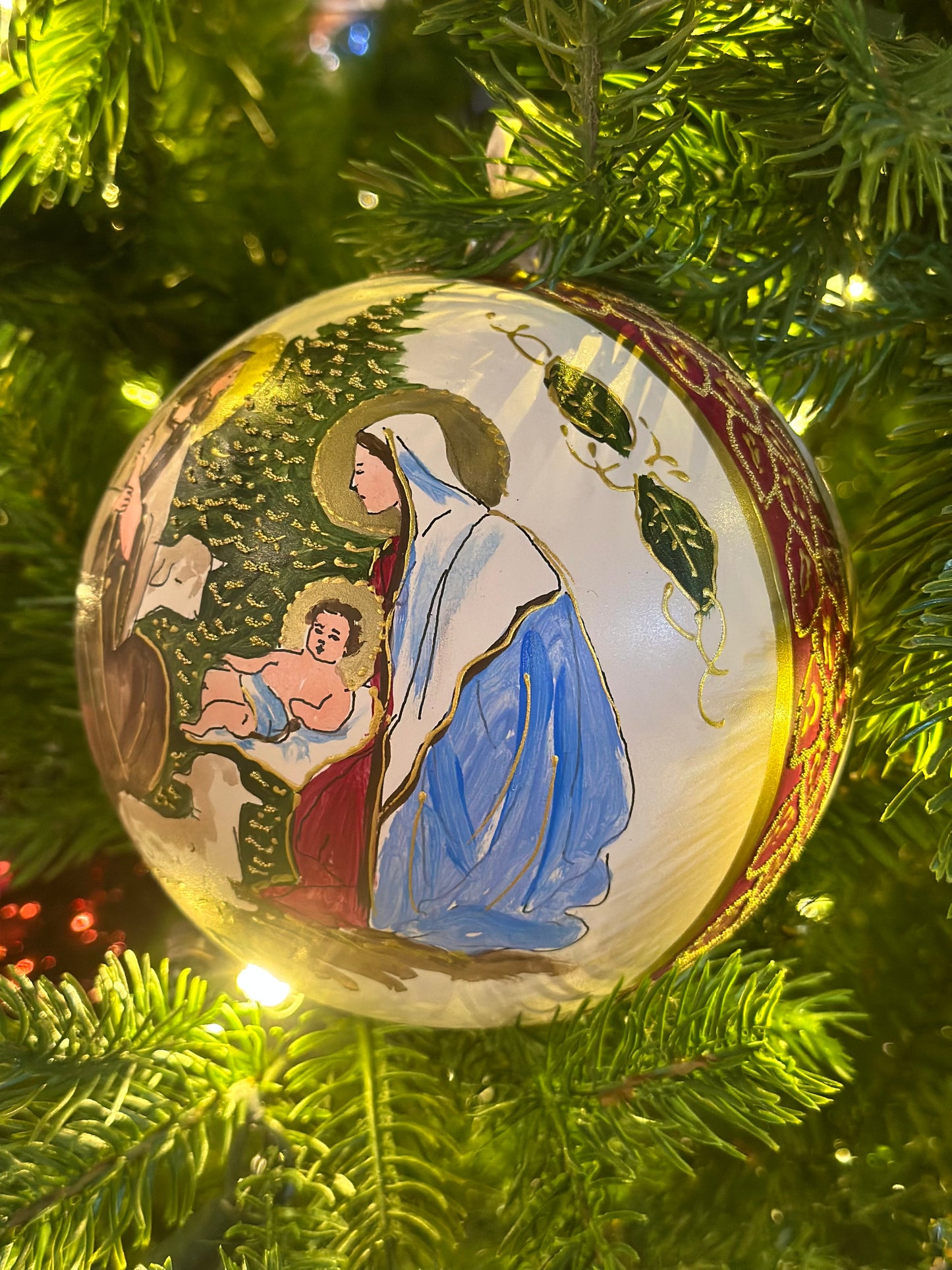 Hand Painted Nativity Scene & Poinsettia Ornament