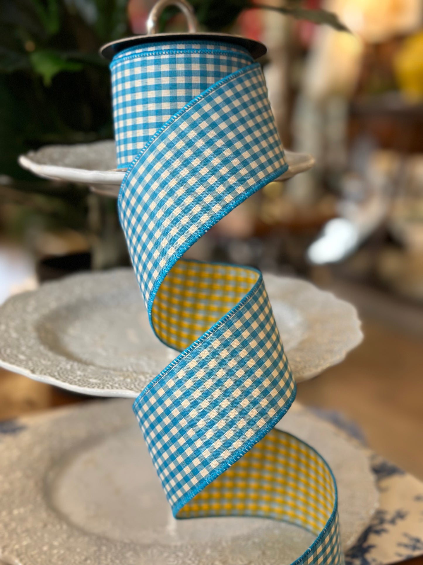 2.5" poplin gingham, teal blue golden yellow back