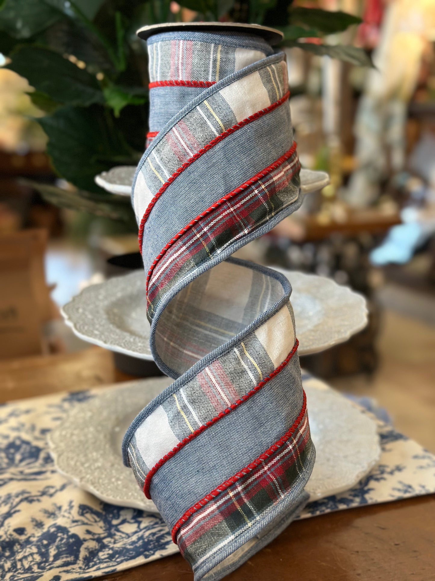 4"x5Y cotton chambray plaid edge, blue