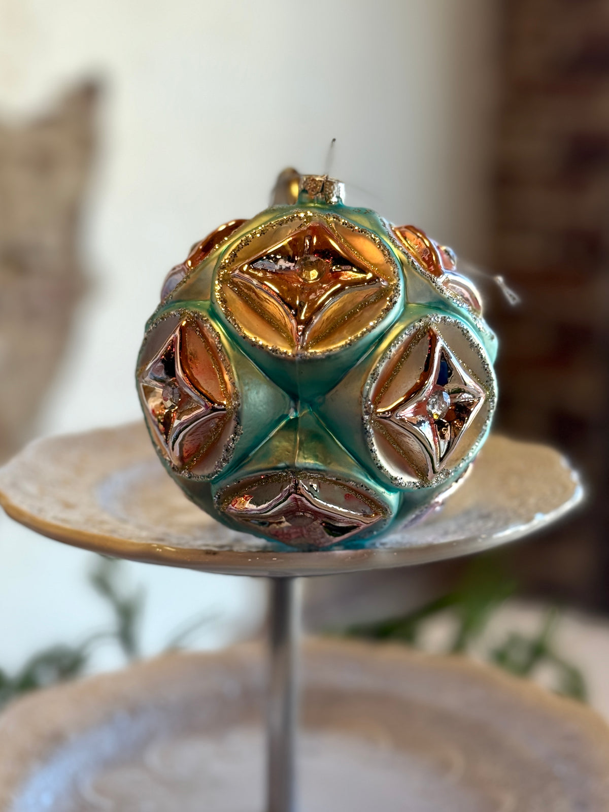 4" Glass Ball Ornament - Shiny Pink with Matte Blue Detail