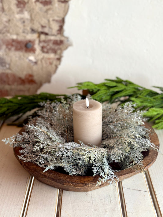 16" GLITTER SNOW CEDAR CANDLE RING