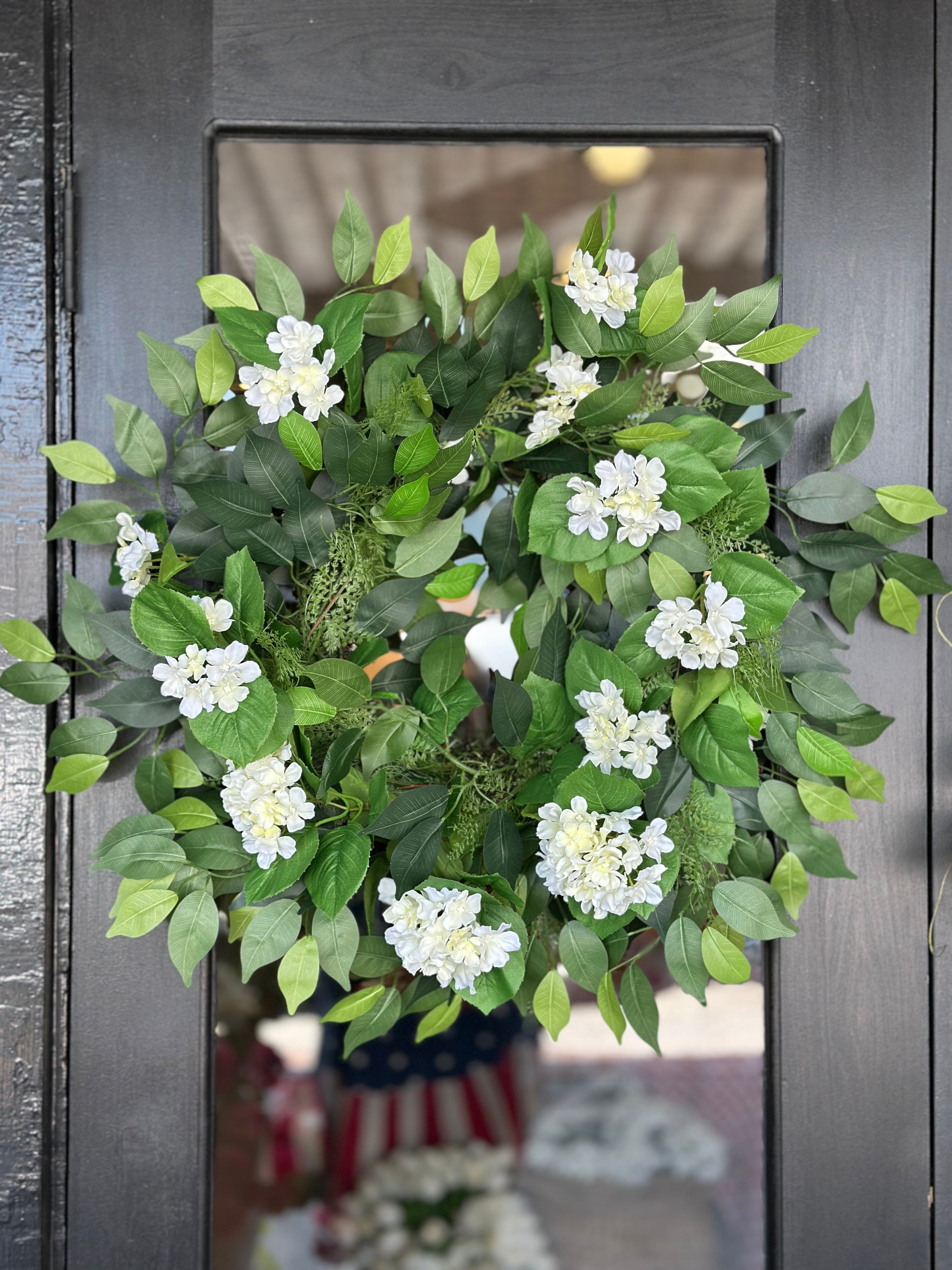 White Hydrangea & Fern Wreath
