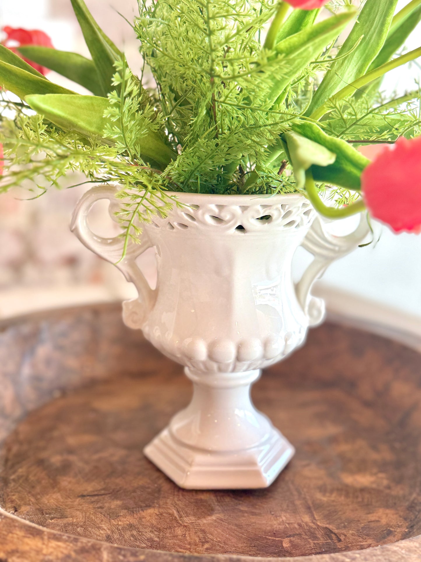 Tulips & Fern Arrangement in White Trophy Vase