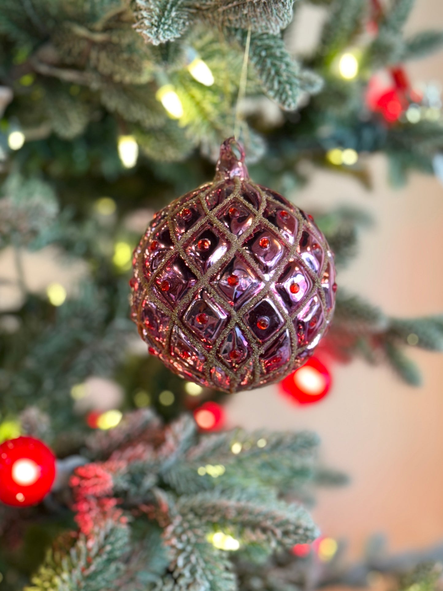 4" Glass Ball Ornament - Light Purple w/Gold Beads & Red Gems