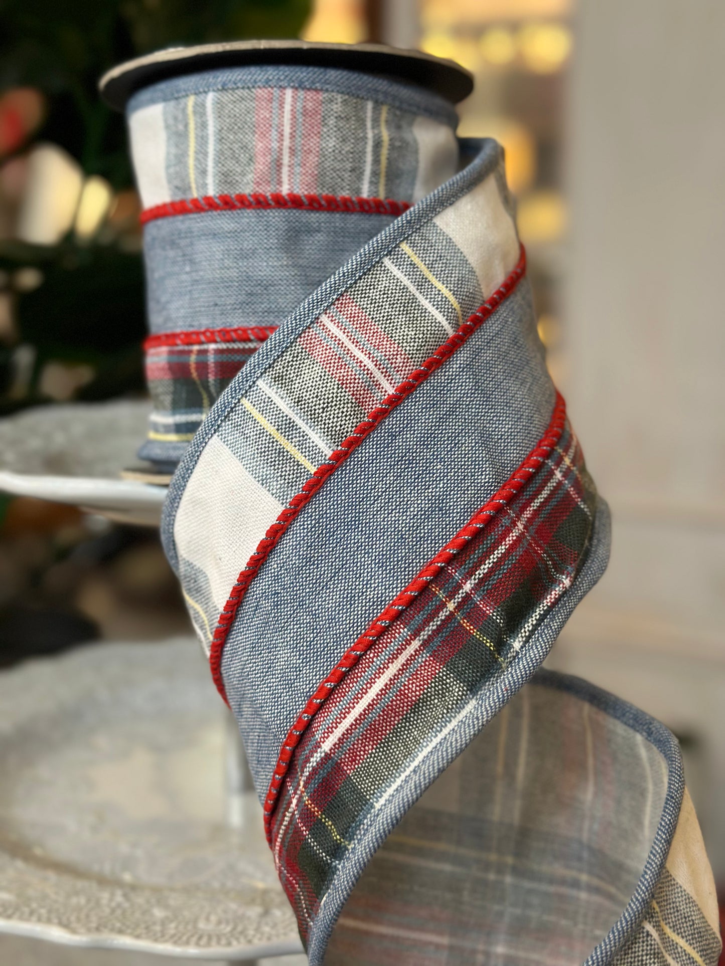 4"x5Y cotton chambray plaid edge, blue
