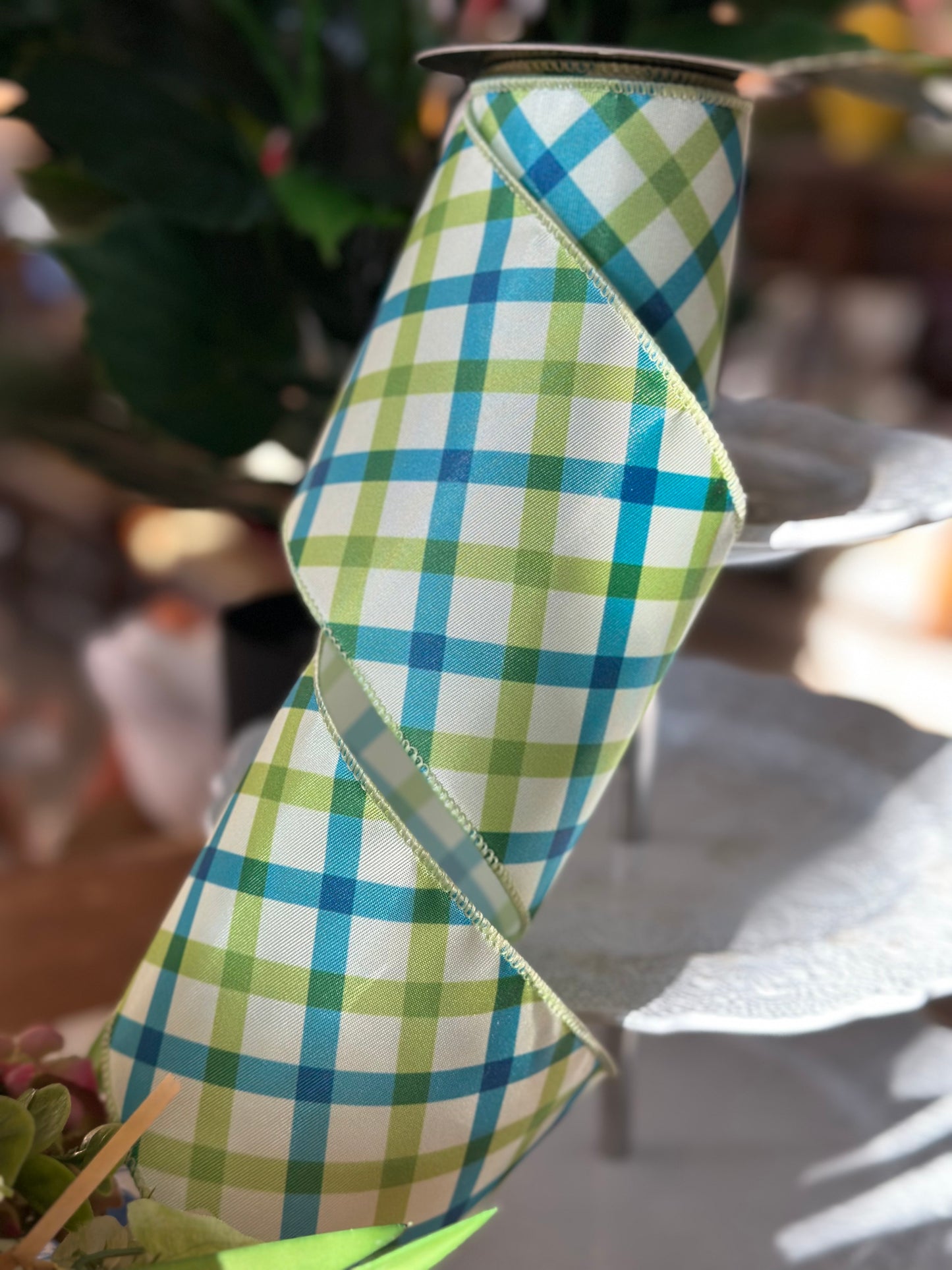4" Fresh Green & Blue Plaid Ribbon