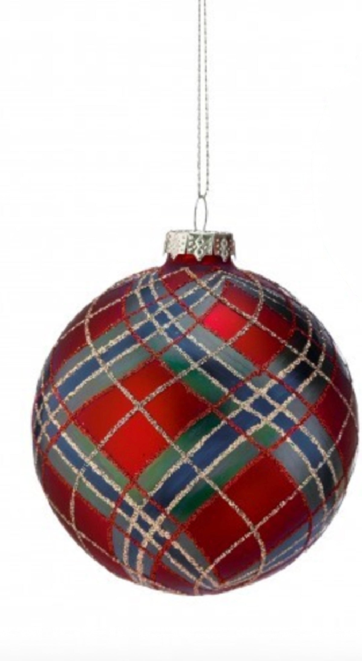 4" GLASS PLAID GLITTER ORNAMENT