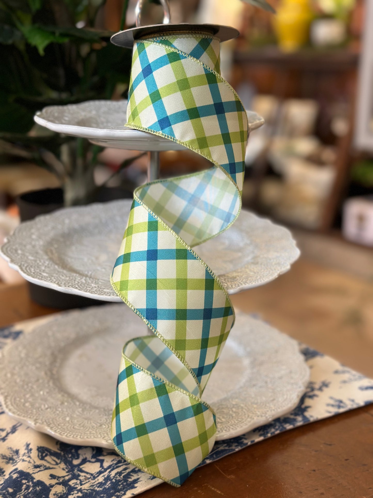2.5" Wide, Green, Blue Checked Ribbon