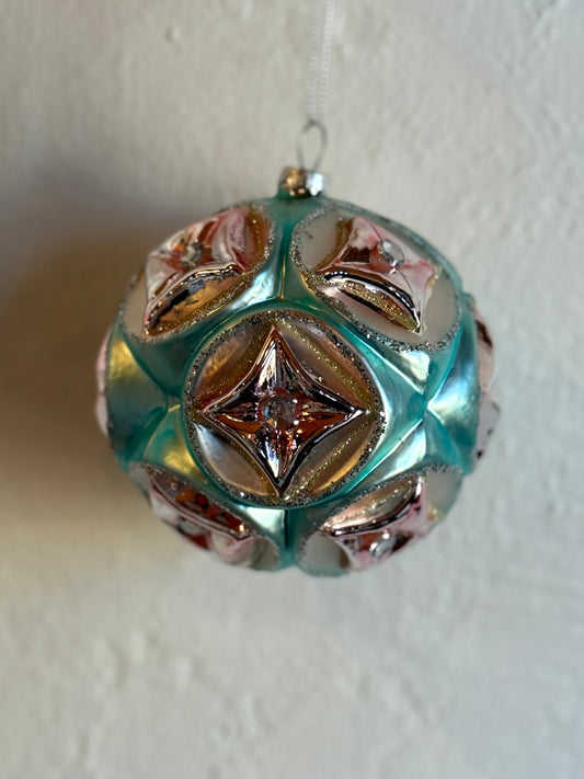 4" Glass Ball Ornament - Shiny Pink with Matte Blue Detail
