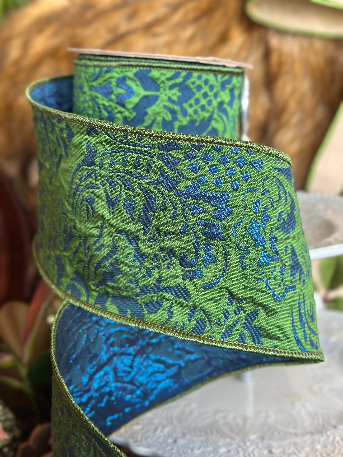 4" jacquard metallic brocade, indigo/green