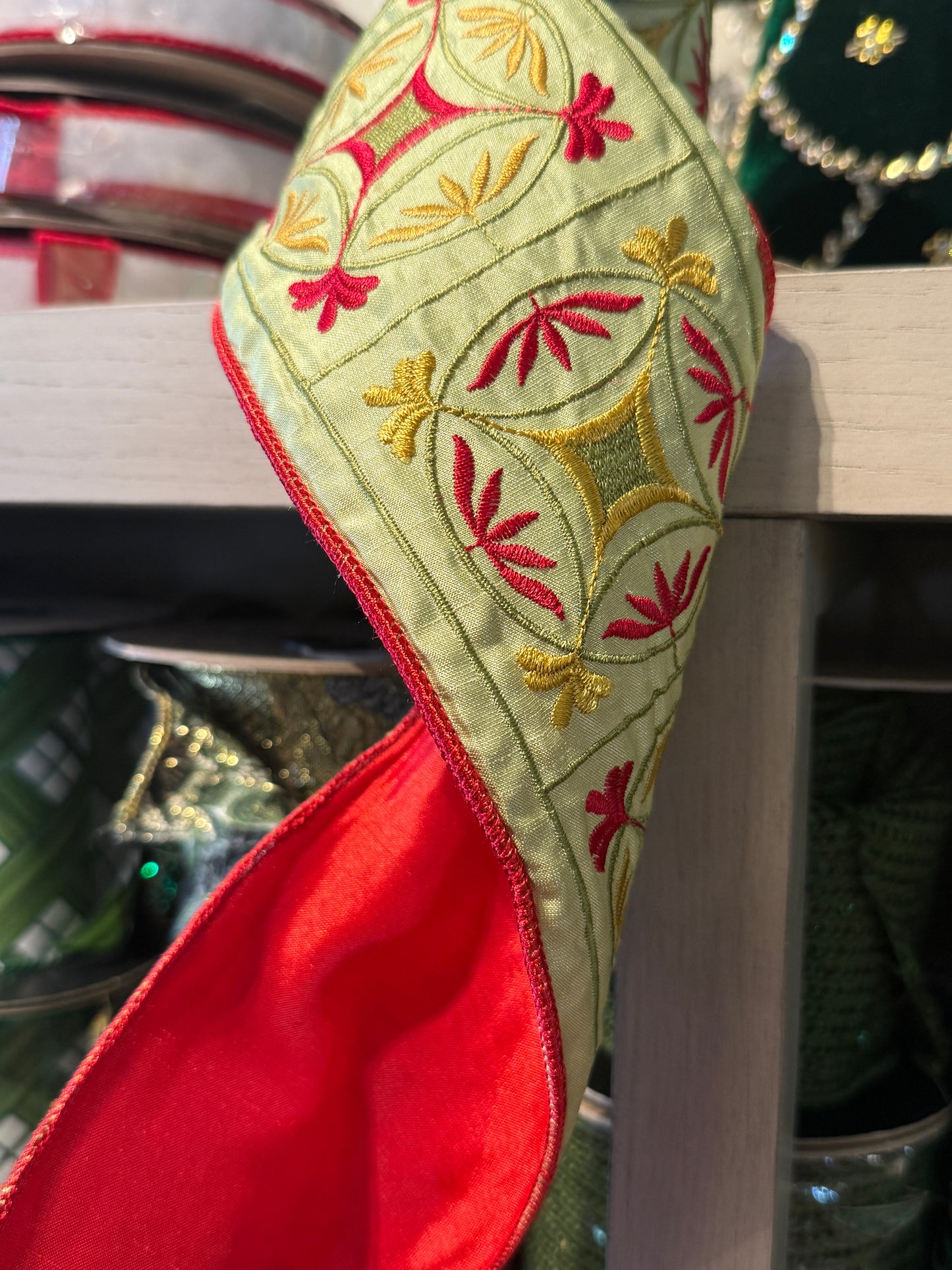 Decorative Ribbon with Red and Gold Embroidery, Sage