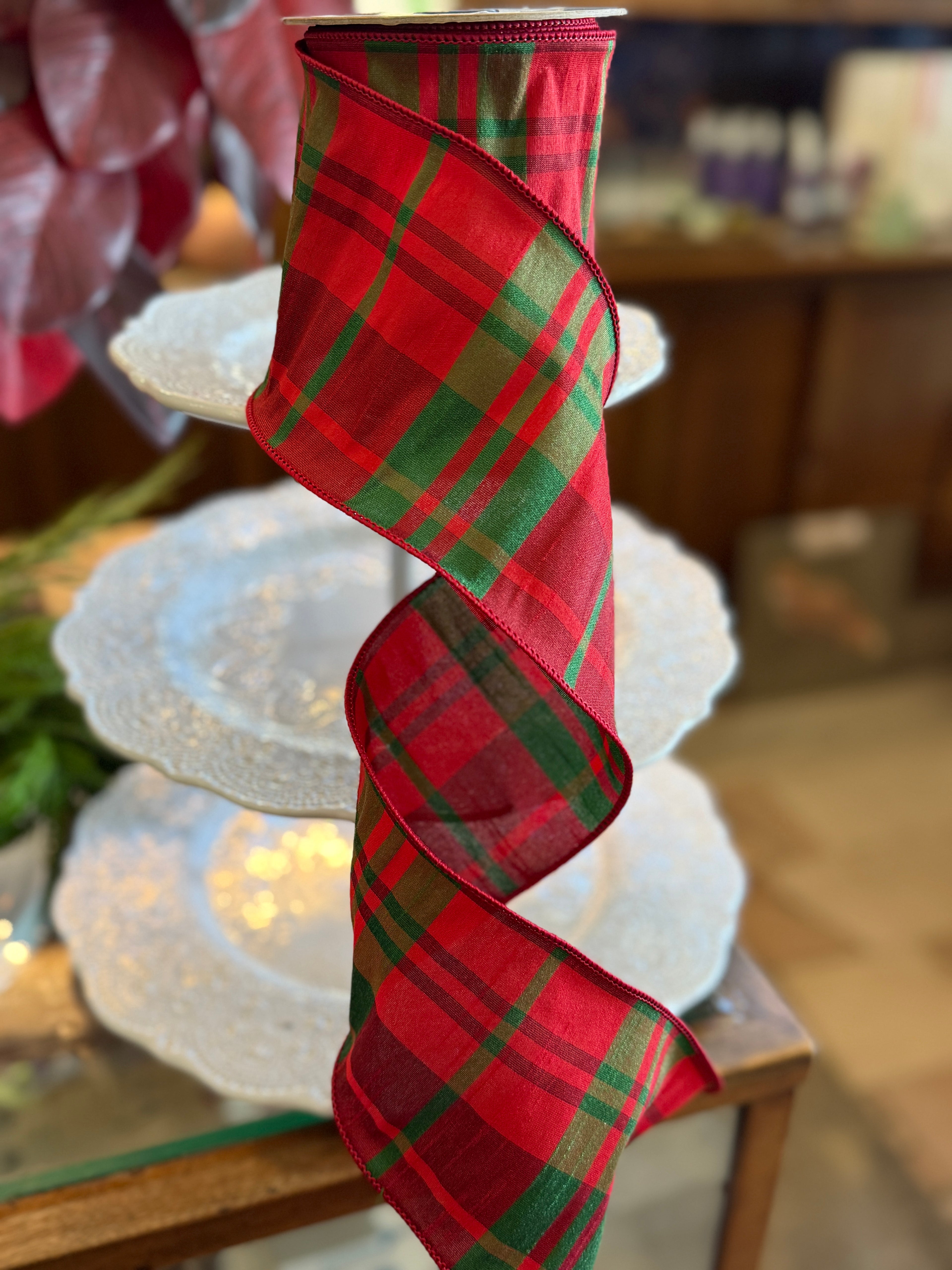 10 yds. Faux Holiday Dupion Plaid, Green-Red