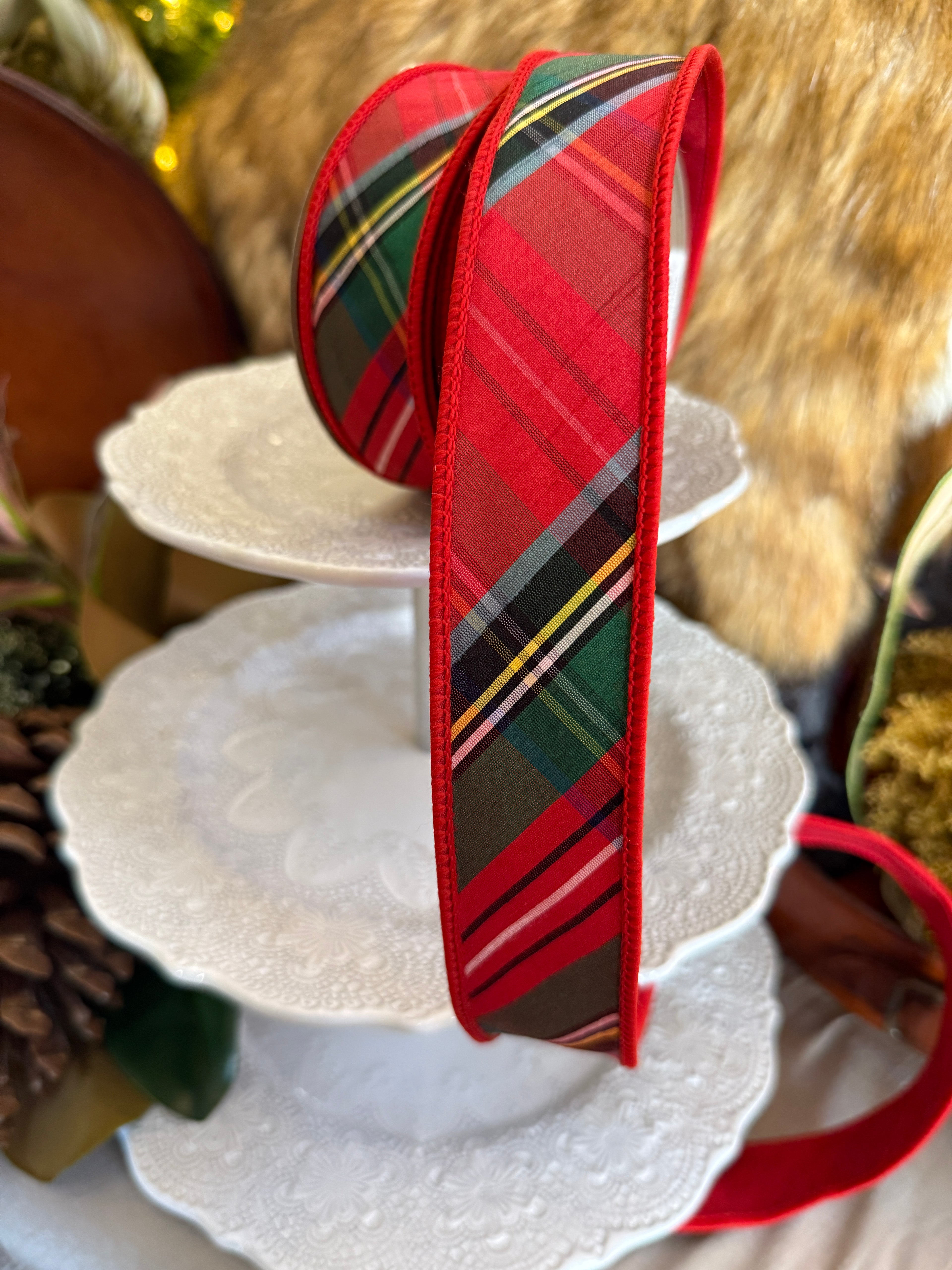 1.5" x 10yds Dupion Traditional Holiday Plaid, Red, Blue and Green