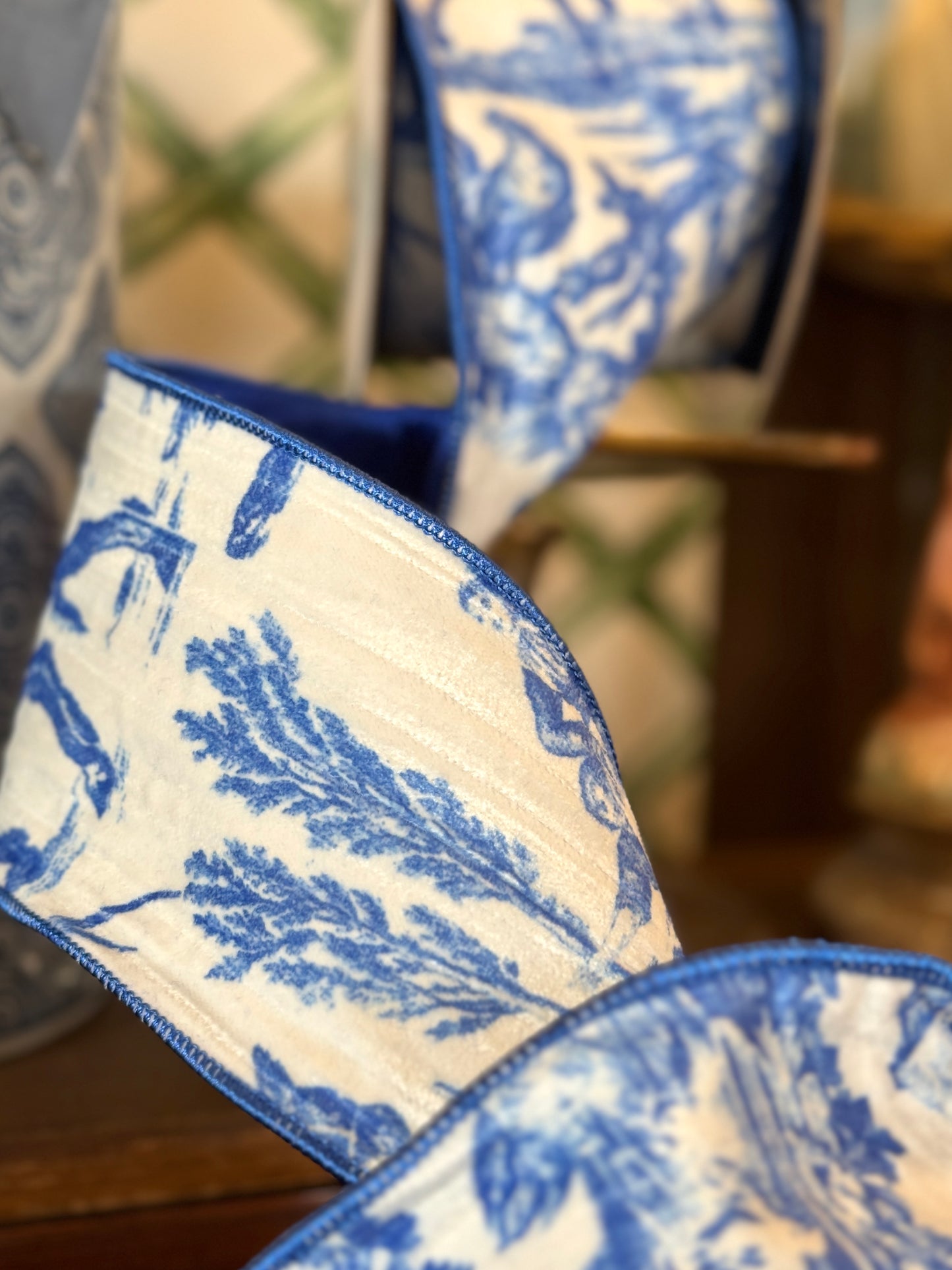 4” Velvet Toile Ribbon, Blue & White