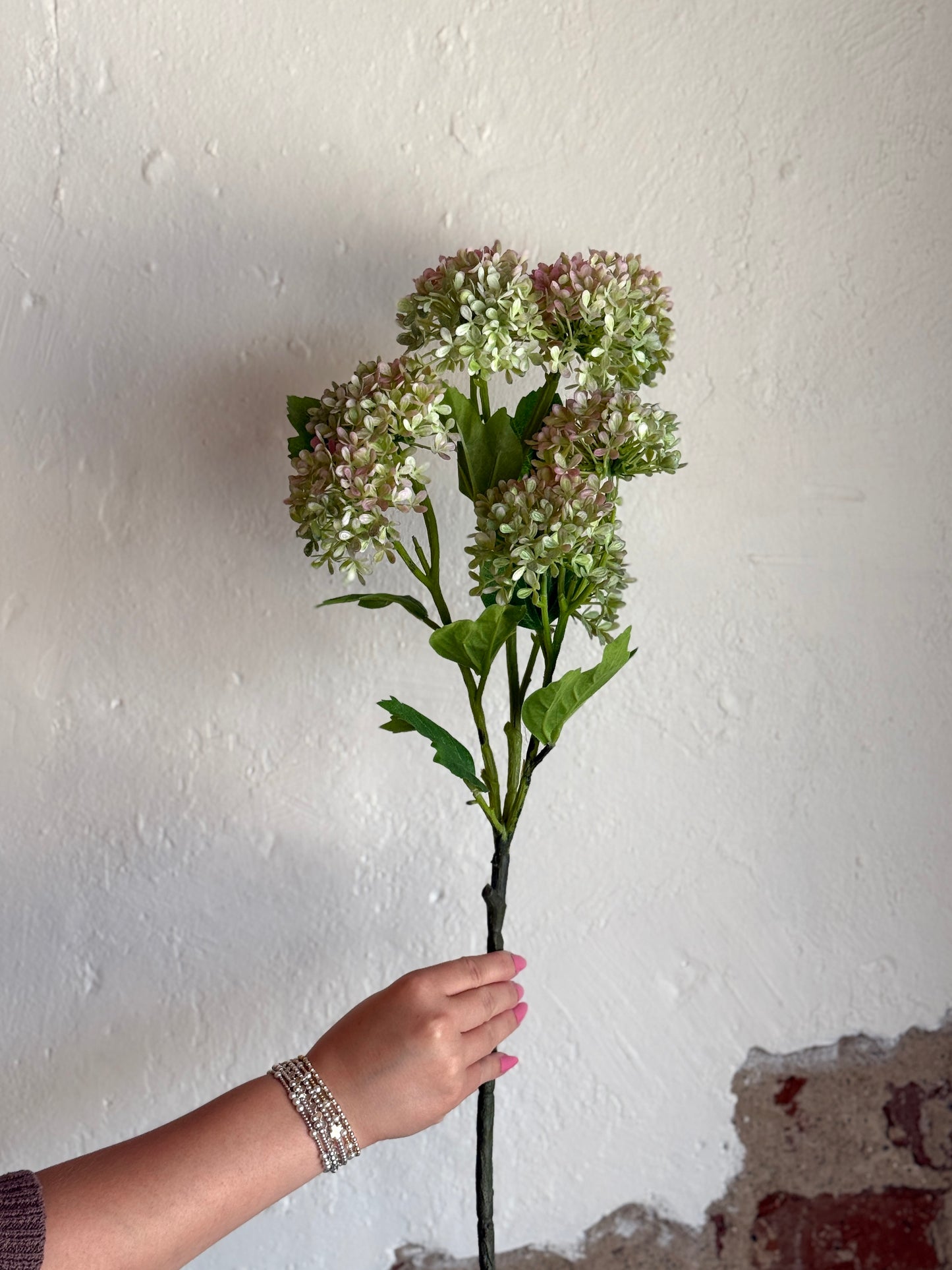 33” Plastic Snowball Hydrangea Branch, Green/Pink