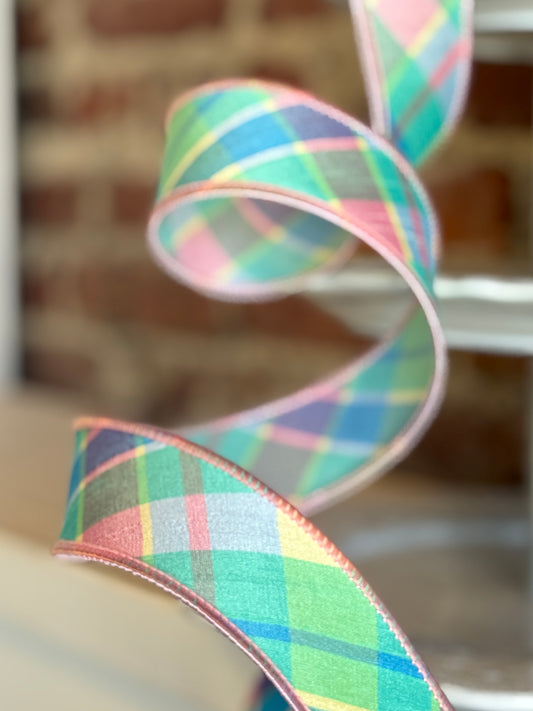 1.5" Wide Blooming Garden Plaid - Multi Pastel Ribbon. Sold by the yard.