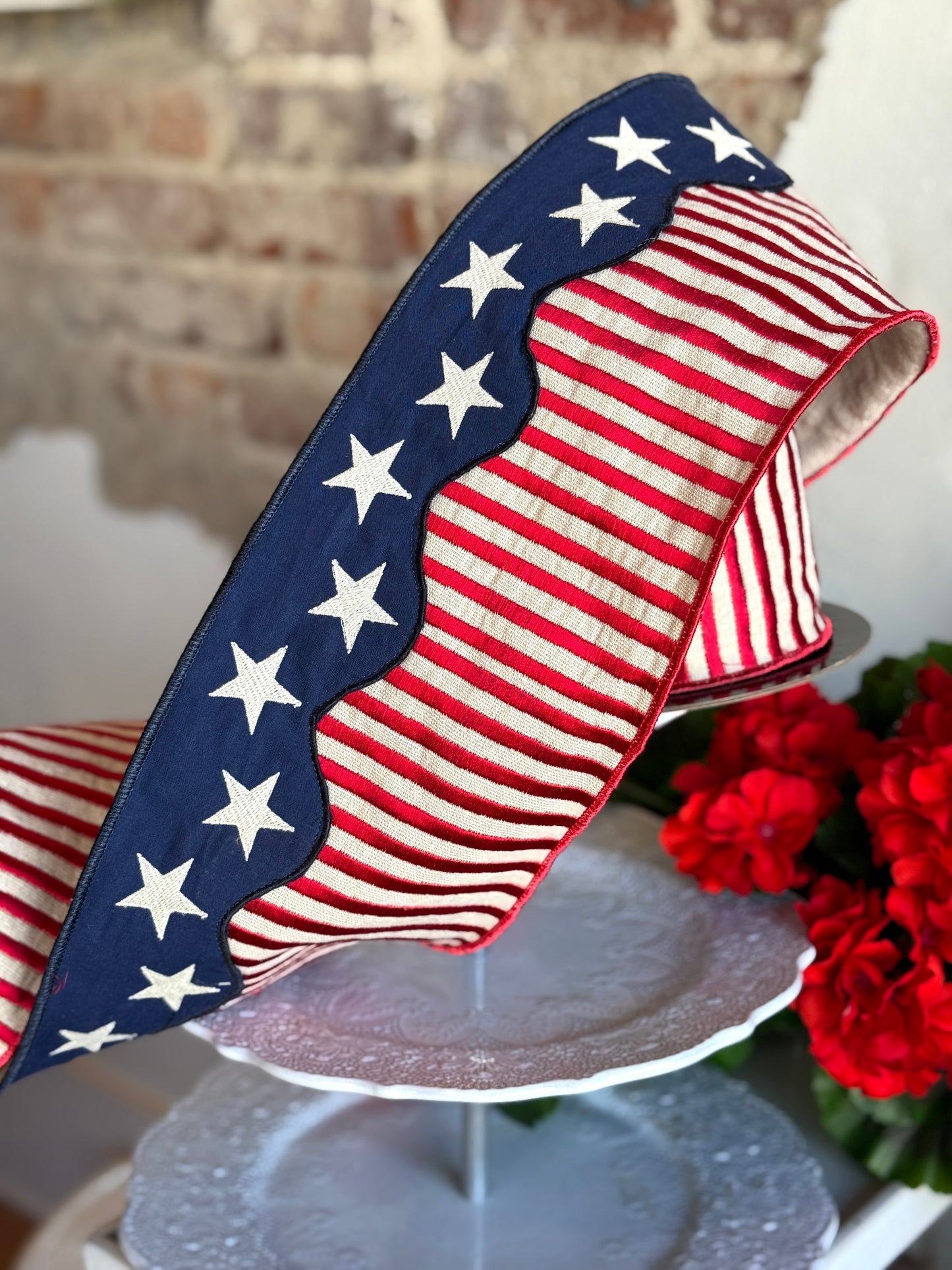 6" Wide linen Americana flag ribbon, patriotic