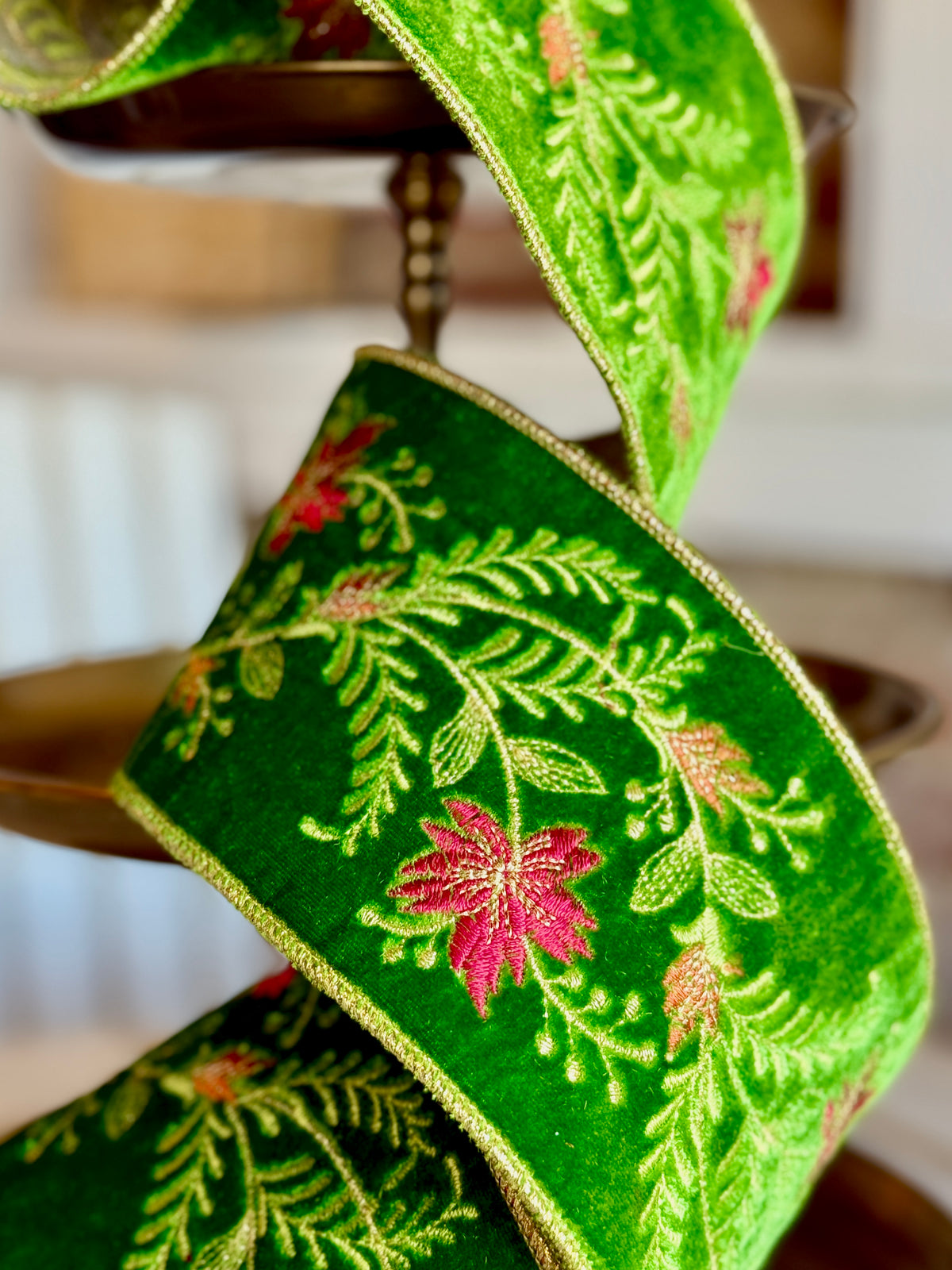 4” Velvet, Red, Orange, Floral Embroidery, Green - SOLD BY THE YARD