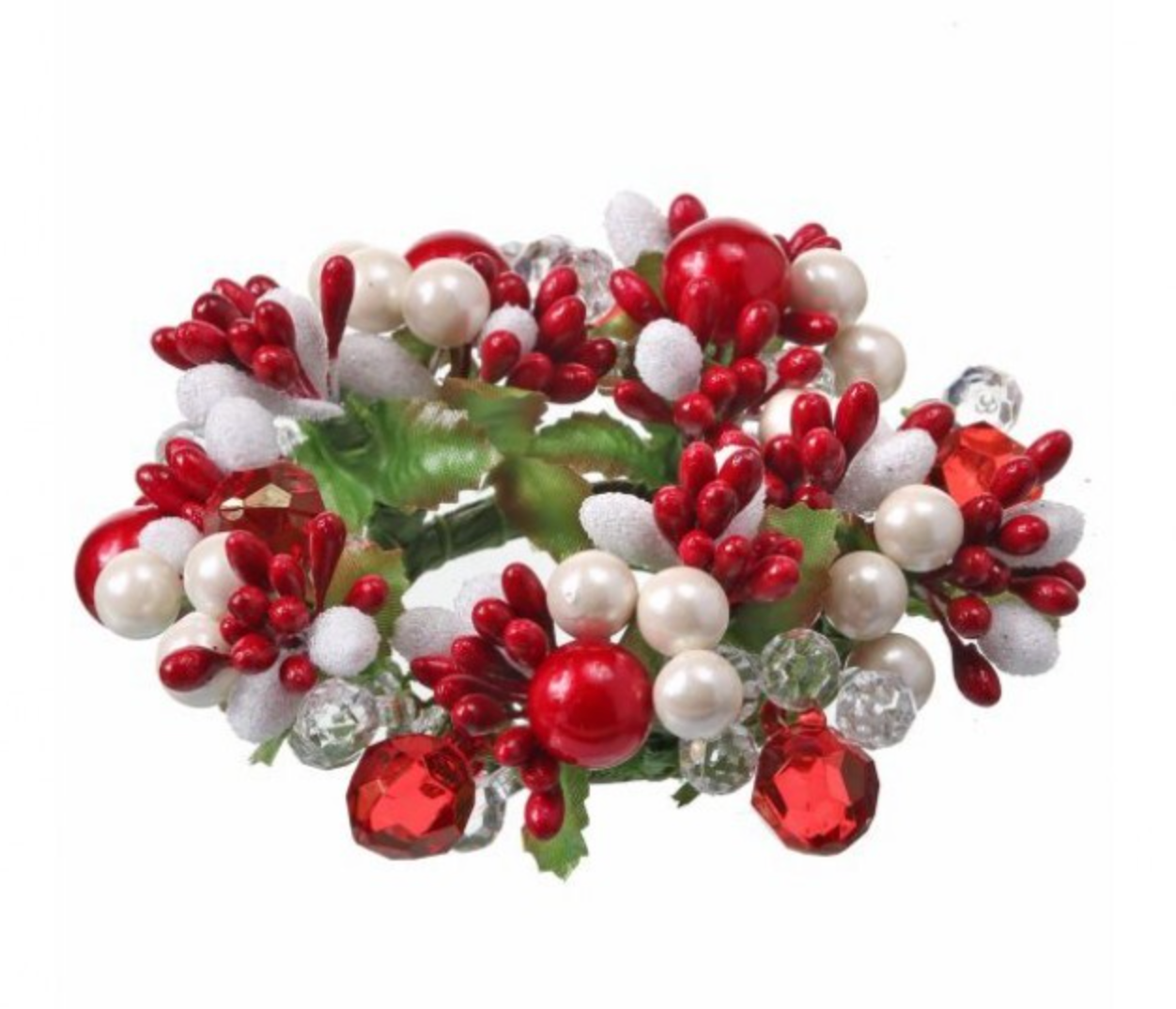 5" PEARLBERRY/JEWEL CANDLE RING-Red & White