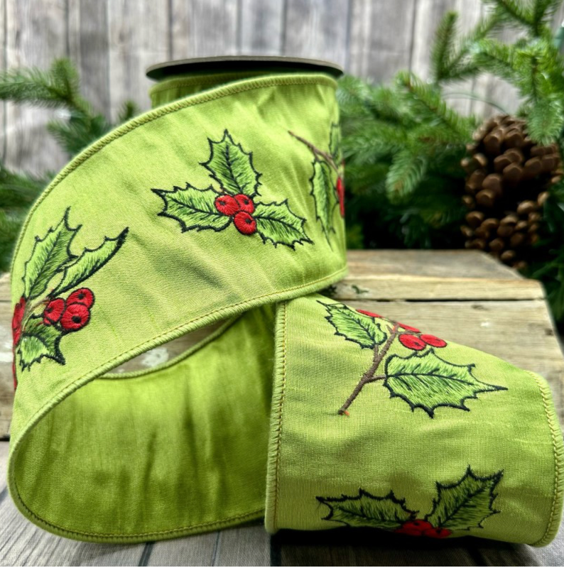 4" x 5yrds Dupion Holly Embroidery Green Back, Bright Green