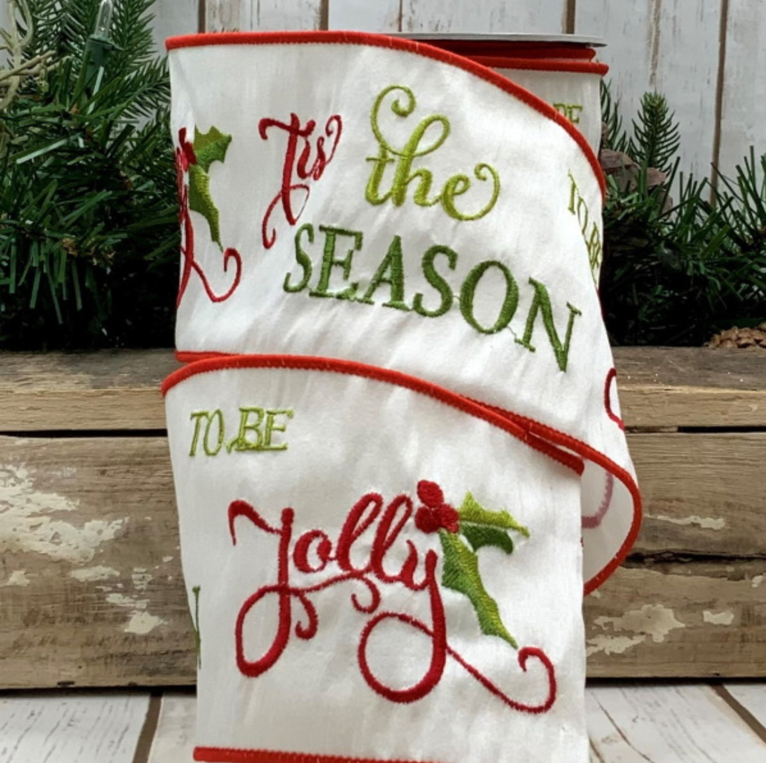 4" Dupion "Tis The Season" Embroidery, Ivory