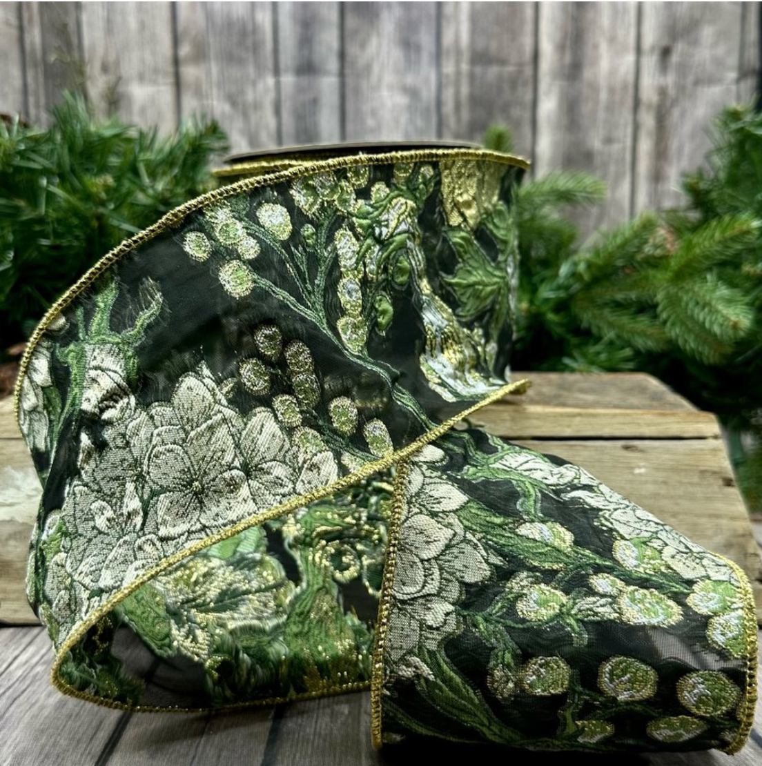 4" Jacquard/Sheer Metallic Florals, Green