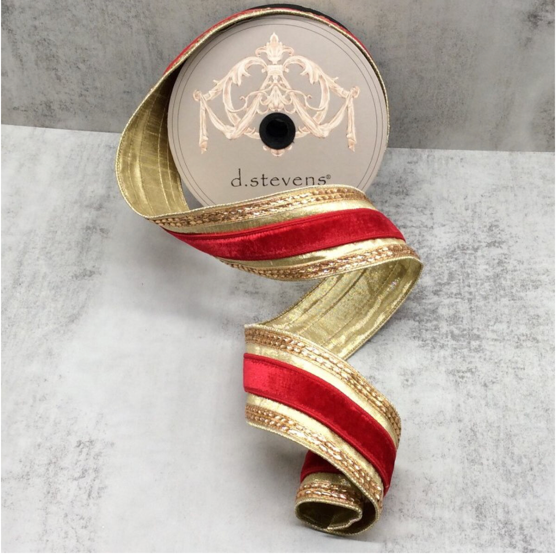 2.5" Metallic Dupion Red Velvet Center Trim Jewel Side Trim, Gold
