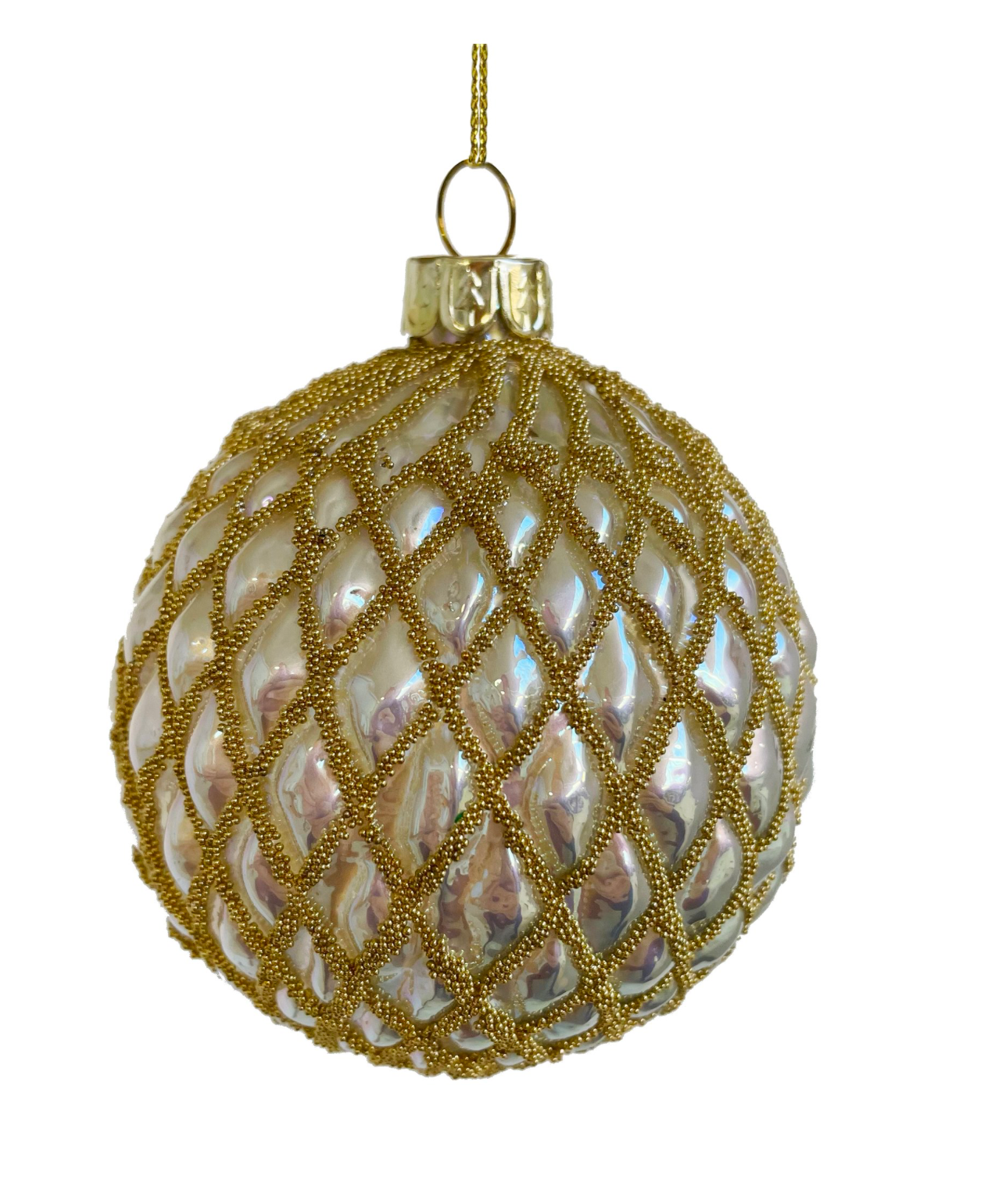 3" Glass Ball Ornament - Pearl White w/Gold Beads