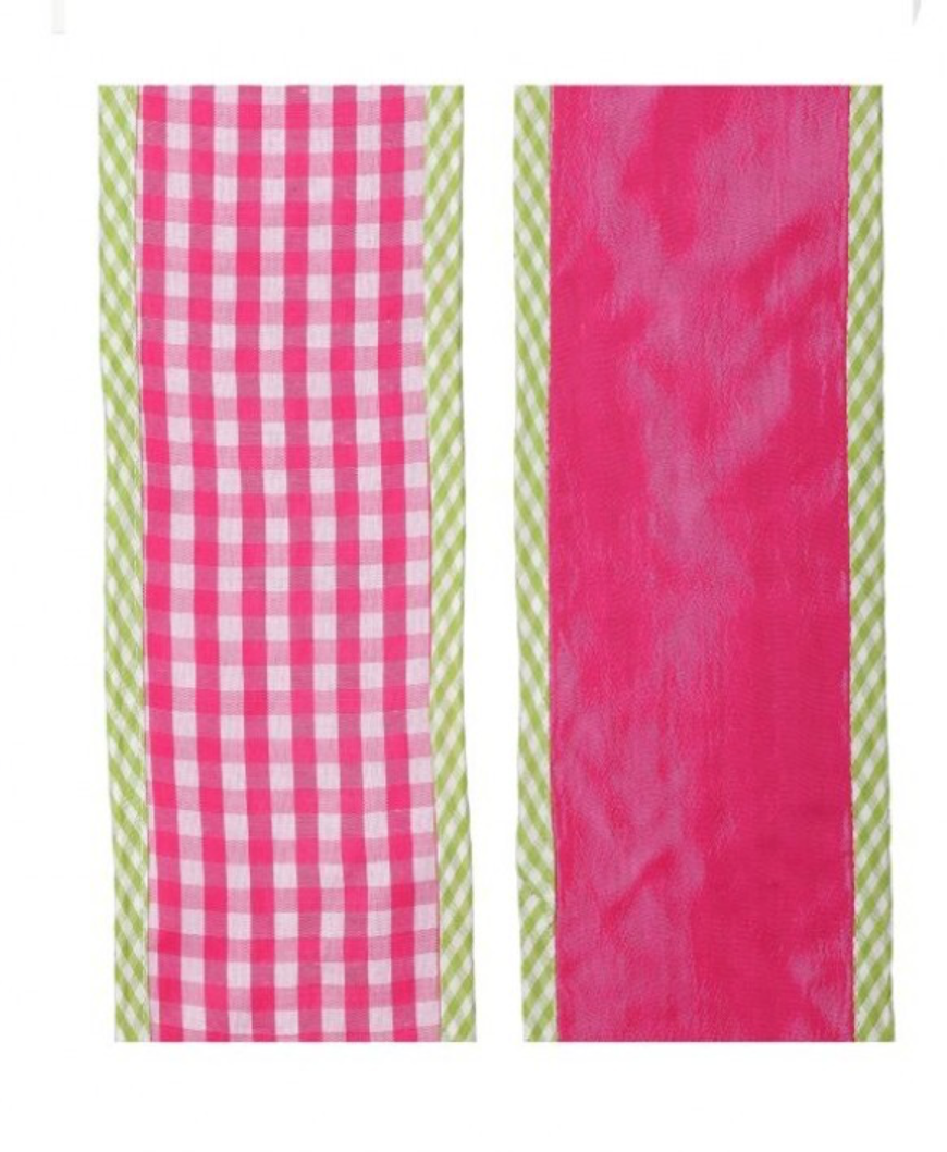 4" x 5yds Spring Gingham w/ Border Ribbon- Pink Green
