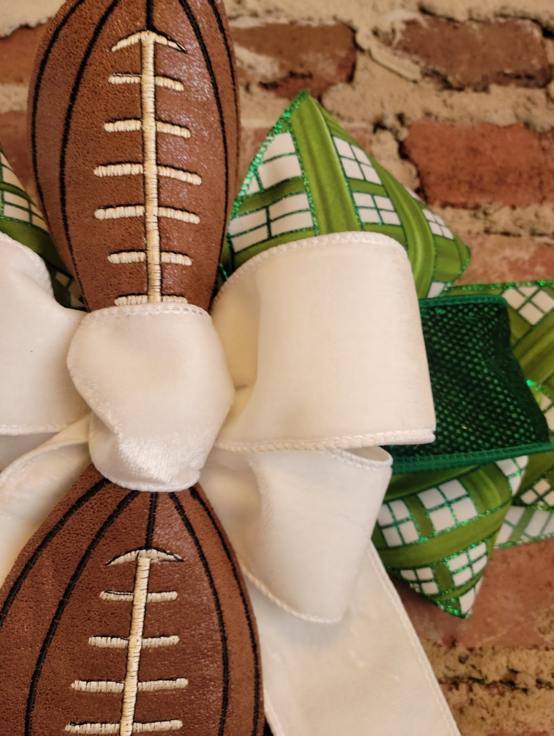 Green and White Football Bow