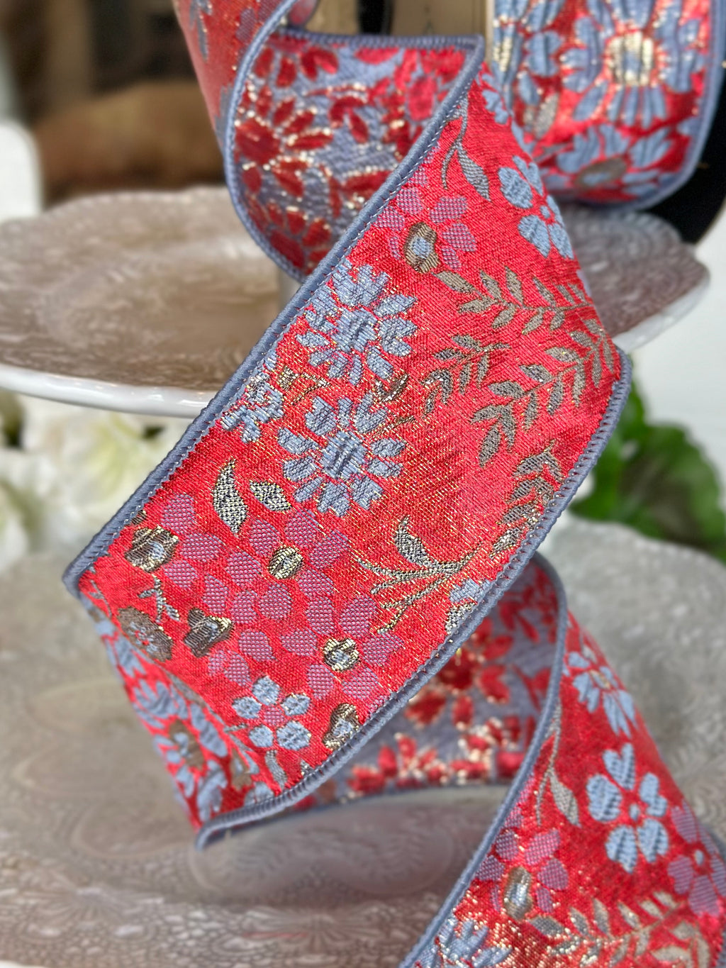 2.5" wide, metallic floral jacquard, red dusty blue gold