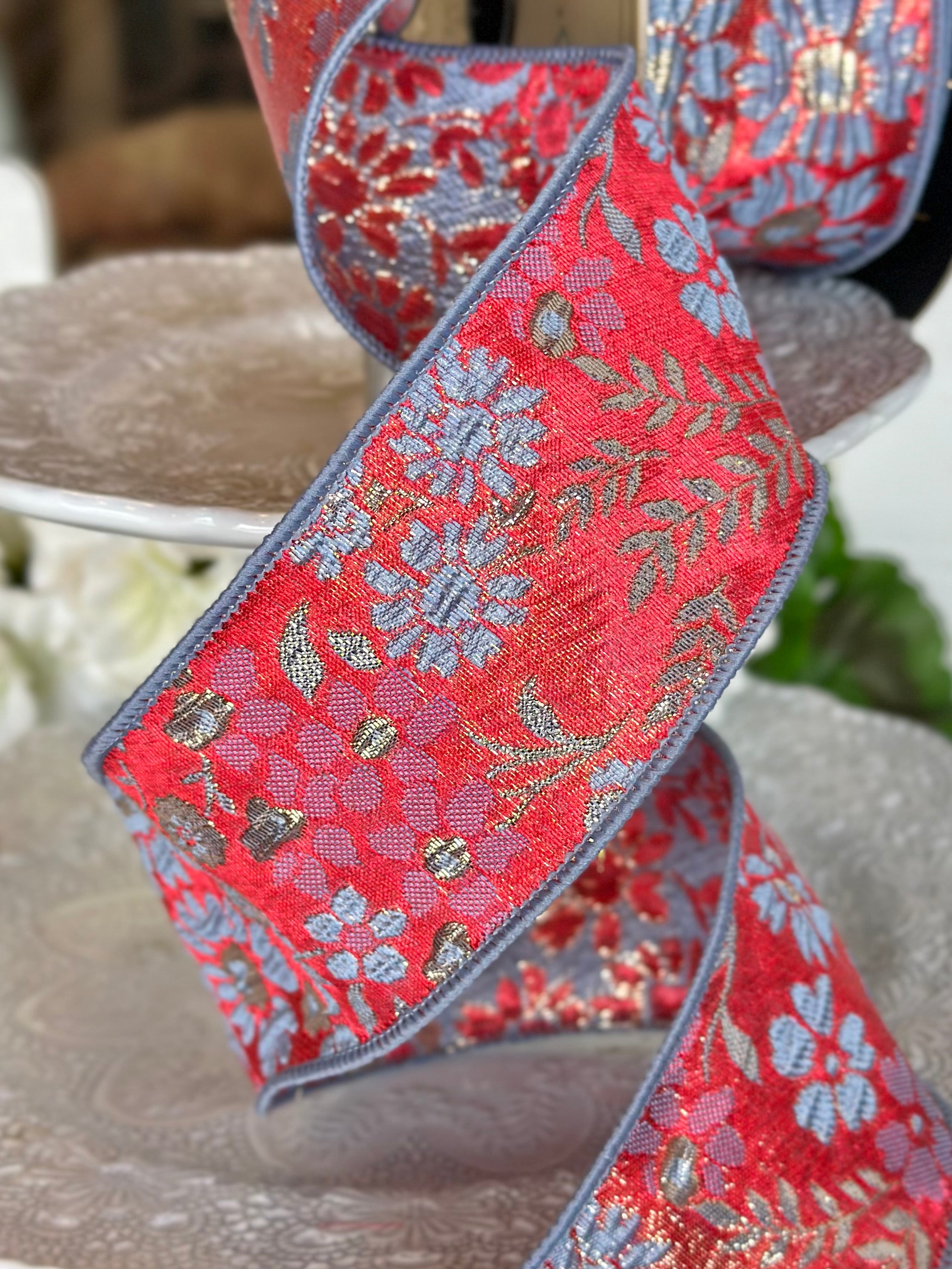 2.5" wide, metallic floral jacquard, red dusty blue gold