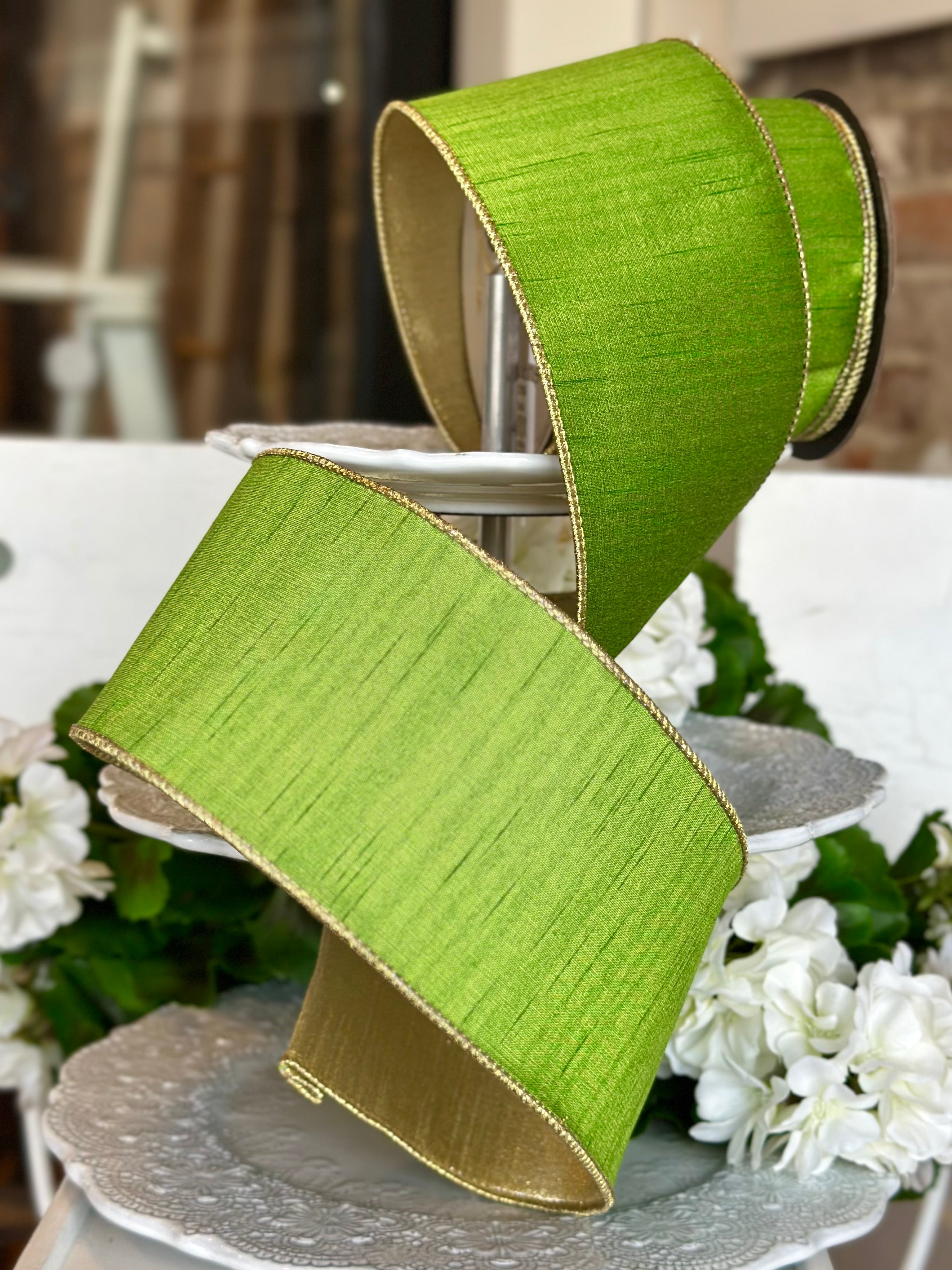 4" wide, slub dupion metallic gold back, grass green