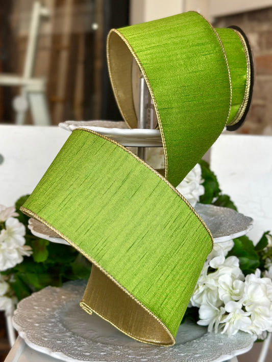 4" wide, slub dupion metallic gold back, grass green