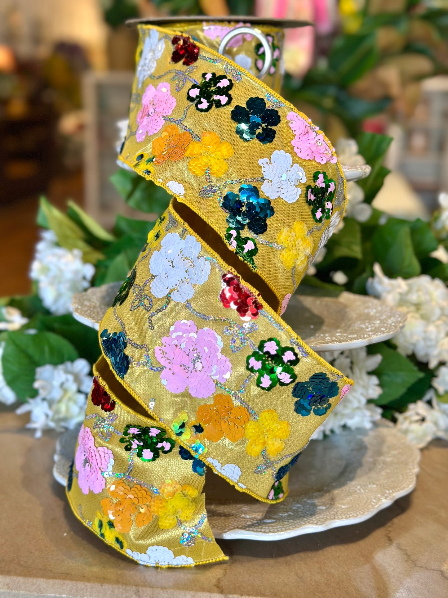 4" Metallic Multicolor Sequin Floral, Yellow